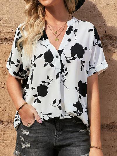 Full Size Printed Notched Short Sleeve Blouse - Chic Yana's Fashion