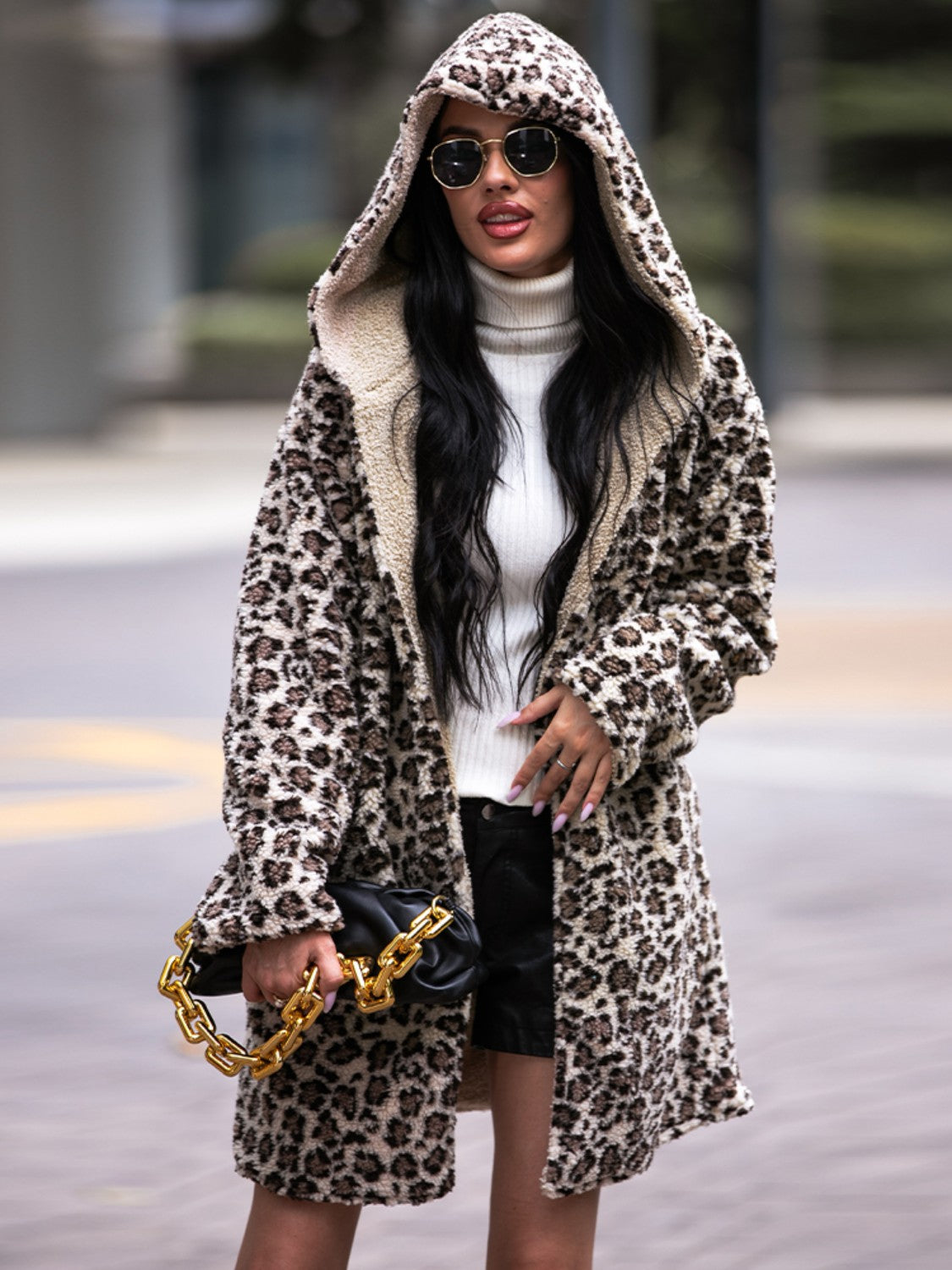 Shiny Leopard Hooded Coat with Pockets - Chic Yana’s Fashion
