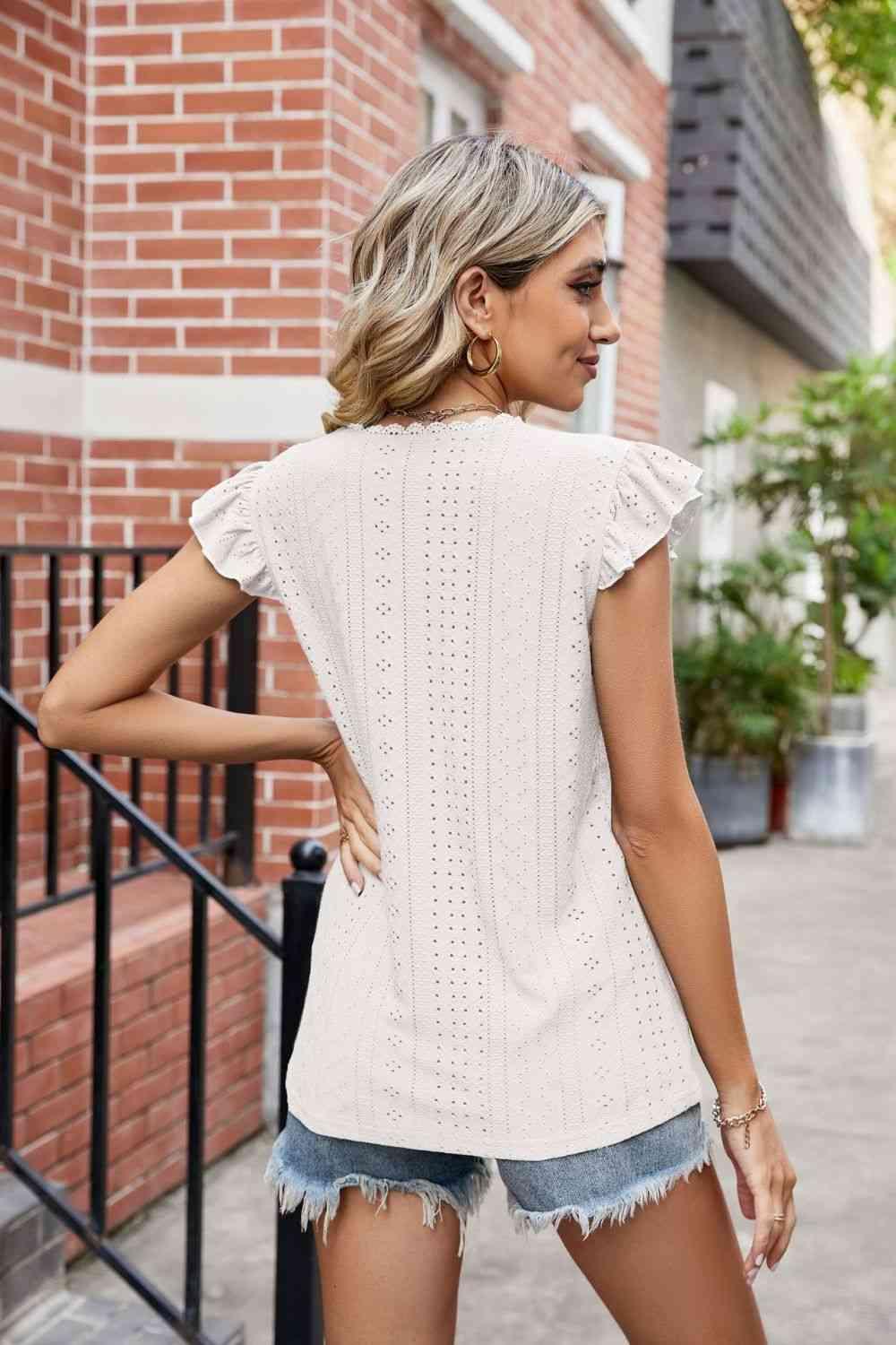 Eyelet Flutter Sleeve Scalloped V Neck Top - Chic Yana's Fashion