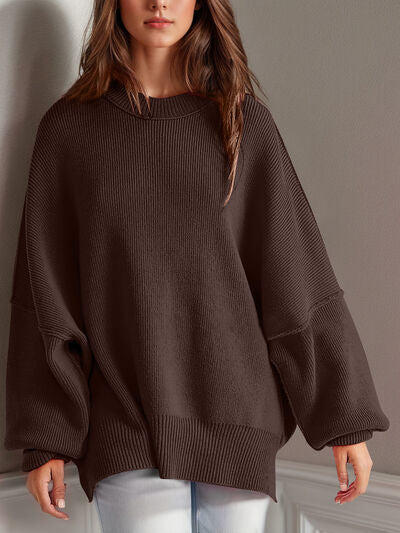 Double Take Side Slit Round Neck Long Sleeve Sweater - Chic Yana's Fashion