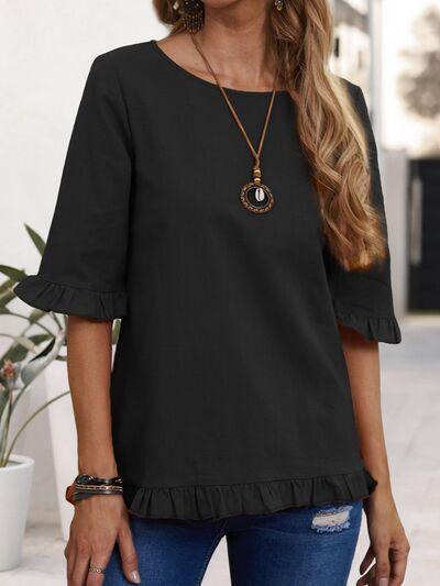 Ruffled Round Neck Half Sleeve Blouse - Chic Yana's Fashion