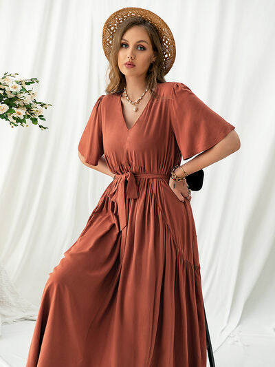 Plus Size V Neck Flutter Sleeve Midi Dress - Chic Yana's Fashion