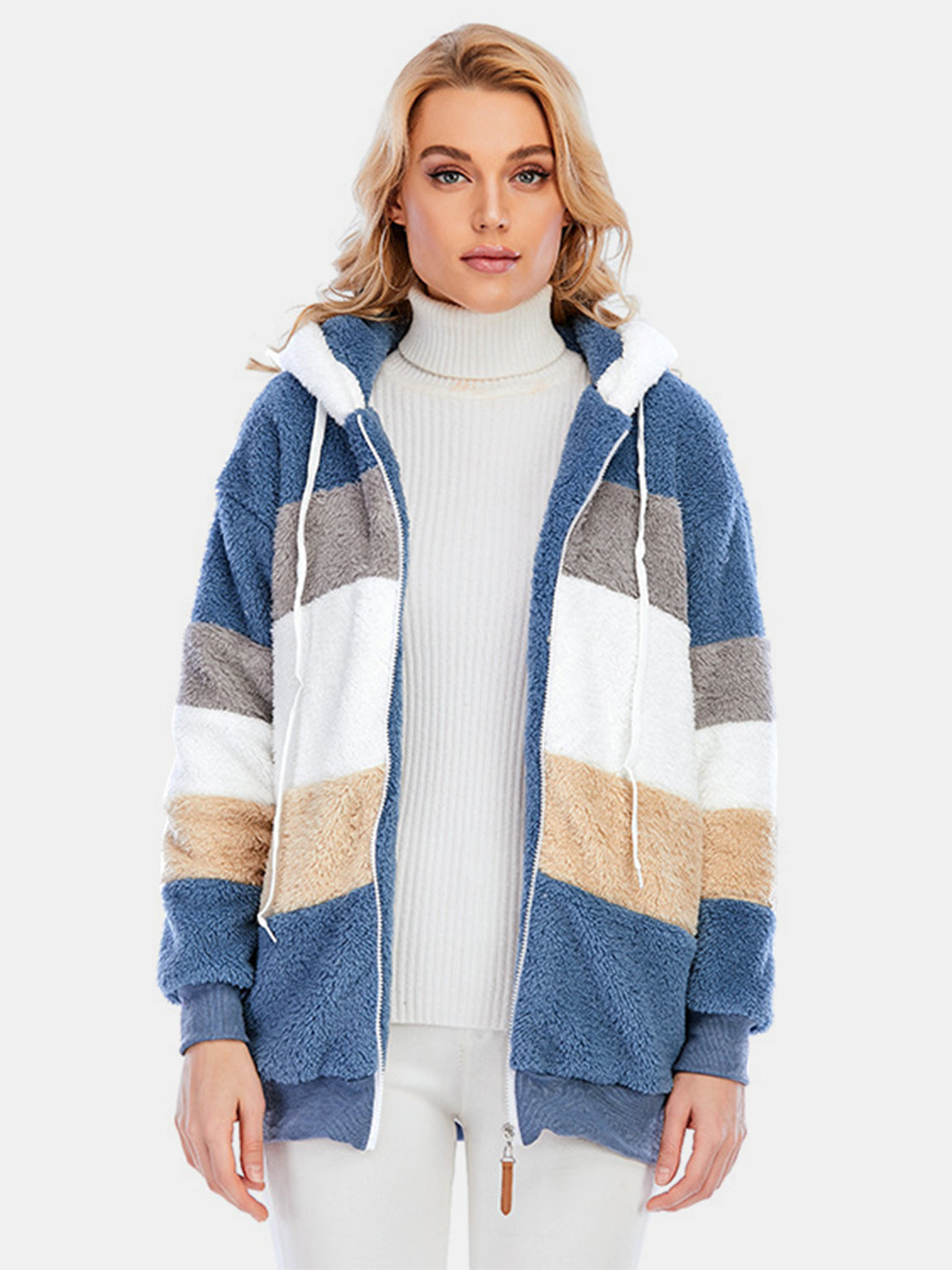 Full Size Drawstring Color Block Zip Up Hooded Outerwear - Chic Yana’s Fashion