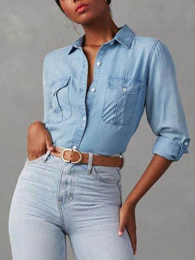 Button Down Collared Neck Denim Top 1 - Chic Yana's Fashion