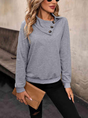 Perfee Mock Neck Raglan Sleeve Buttoned Sweatshirt - Chic Yana's Fashion