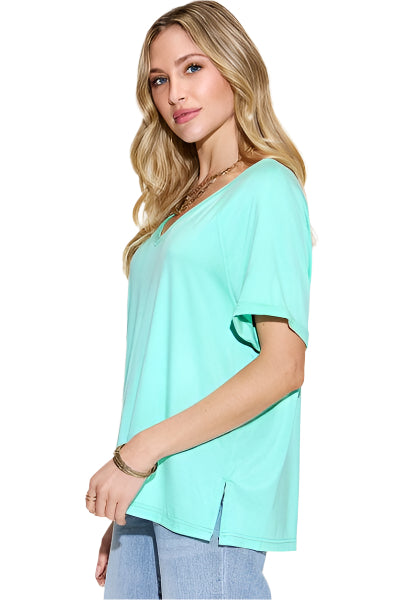 Basic Bae Full Size Bamboo Slit V Neck Short Sleeve T Shirt - Chic Yana's Fashion
