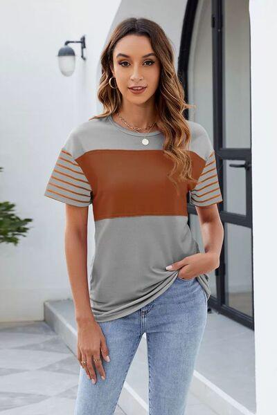 Color Block Round Neck Short Sleeve T Shirt 1 - Chic Yana's Fashion