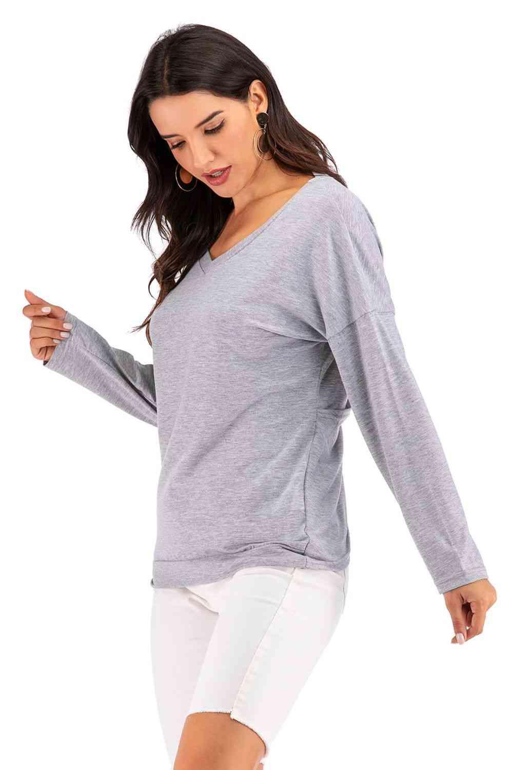 Perfee V Neck Drop Shoulder Open Back Sweatshirt - Chic Yana's Fashion