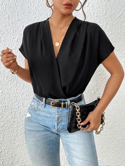 Perfee Surplice Short Sleeve Ruched Bodysuit - Chic Yana's Fashion