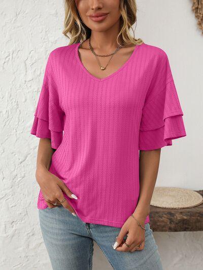 Mandy V Neck Ruffle Half Sleeve Top - Chic Yana's Fashion