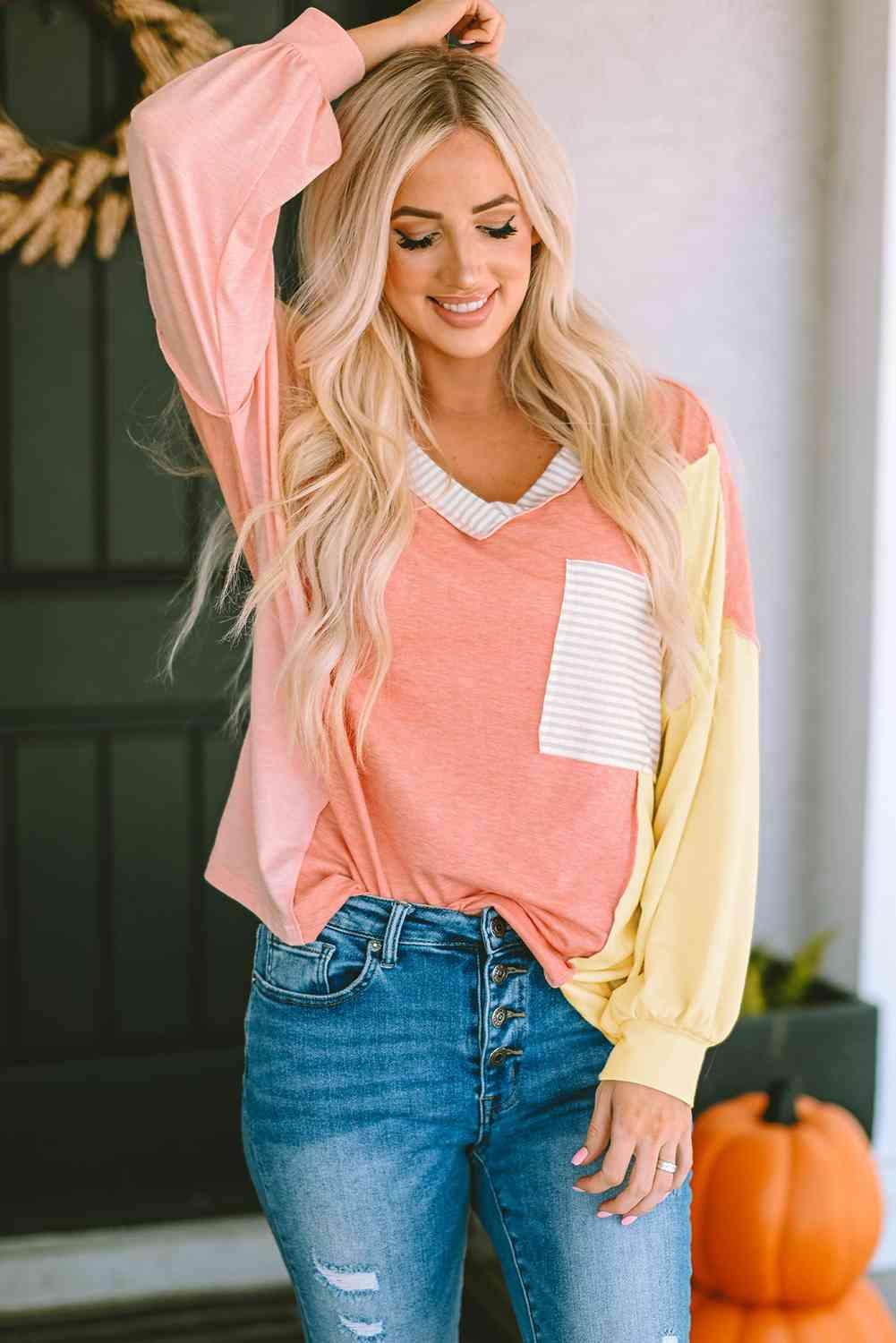 Color Block V Neck Dropped Shoulder Sweatshirt With Pocket - Chic Yana's Fashion