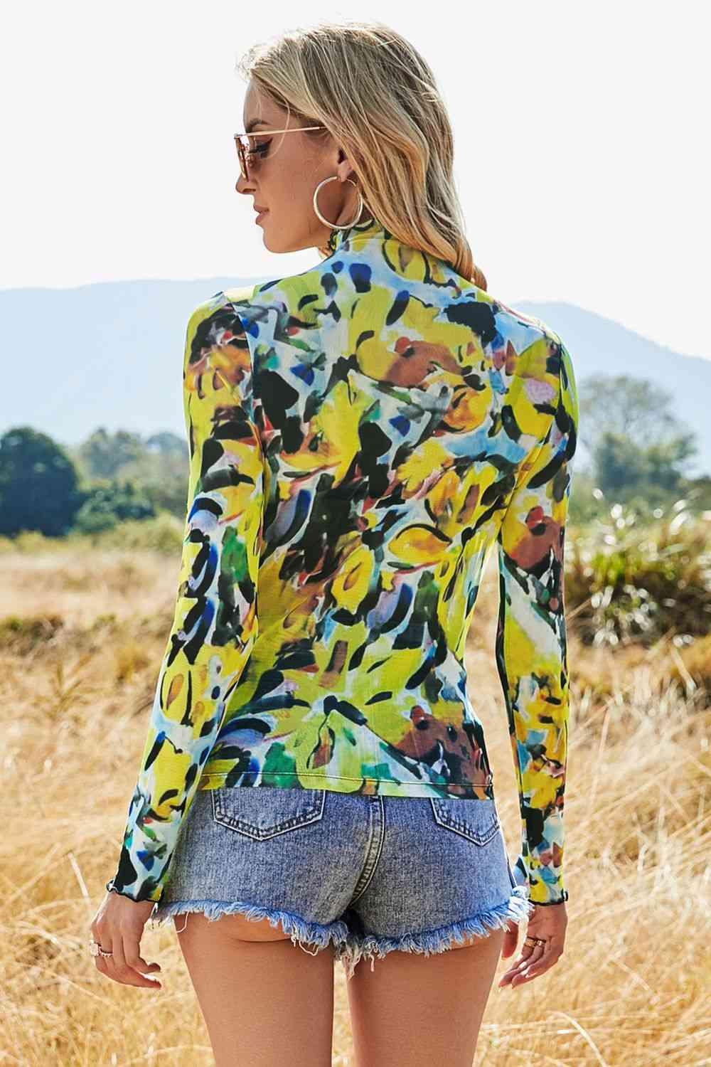 Printed Mock Neck Long Sleeve Blouse - Chic Yana's Fashion