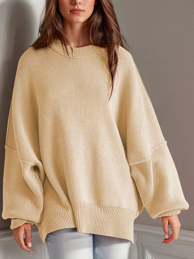 Double Take Side Slit Round Neck Long Sleeve Sweater - Chic Yana's Fashion