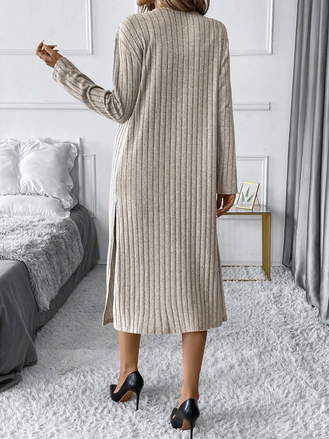 Side Slit Ribbed Open Front Cardigan - Chic Yana’s Fashion