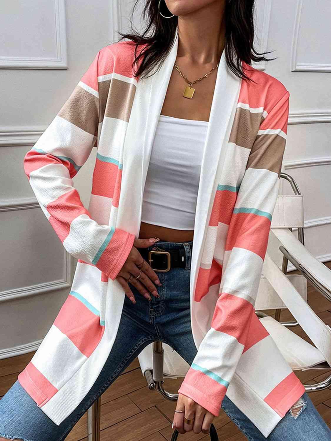 Shiny Striped Open Front Longline Cardigan - Chic Yana's Fashion