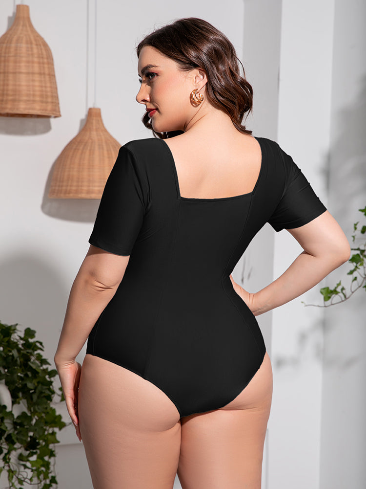 Plus Size Scoop Neck Short Sleeve One Piece Swimsuit - Stylish and Trendy Women's Fashion from Chic Yana's Fashion