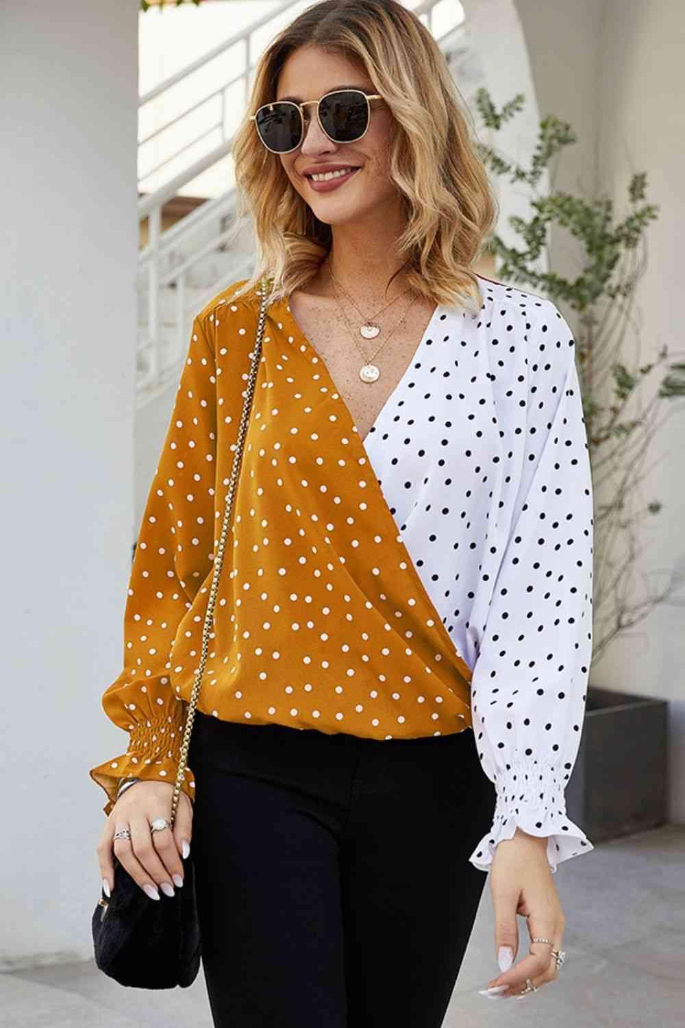 Ivy Lane Polka Dot Surplice Neck Lantern Sleeve Blouse - Chic Yana's Fashion