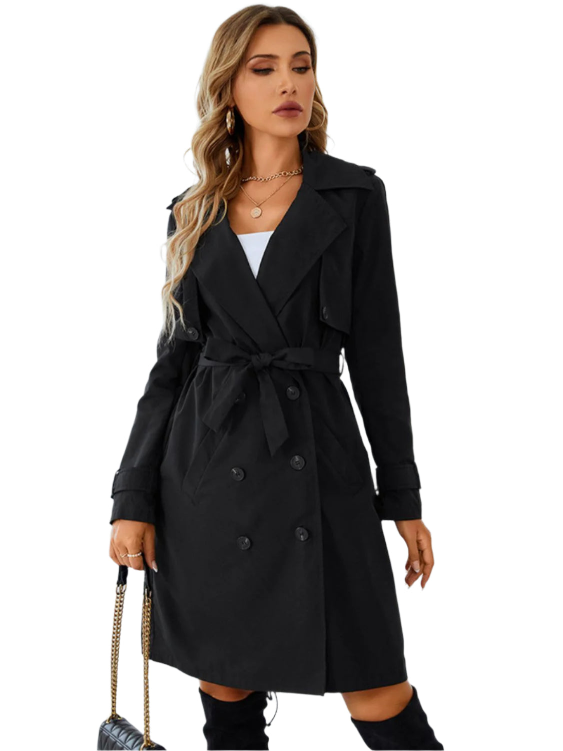 Lapel Collar Tie Belt Double-Breasted Trench Coat - Chic Yana’s Fashion