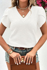 Waffle Knit V Neck Short Sleeve Blouse - Chic Yana's Fashion