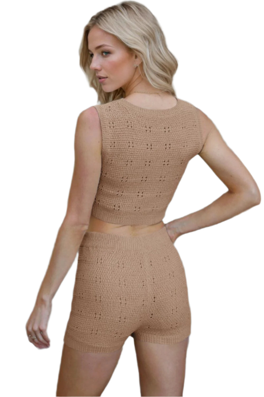 Eyelet Round Neck Tank and shorts Sweater Set - Shop Now at Chic Yana's Fashion