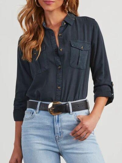 Button Down Collared Neck Denim Top - Chic Yana's Fashion