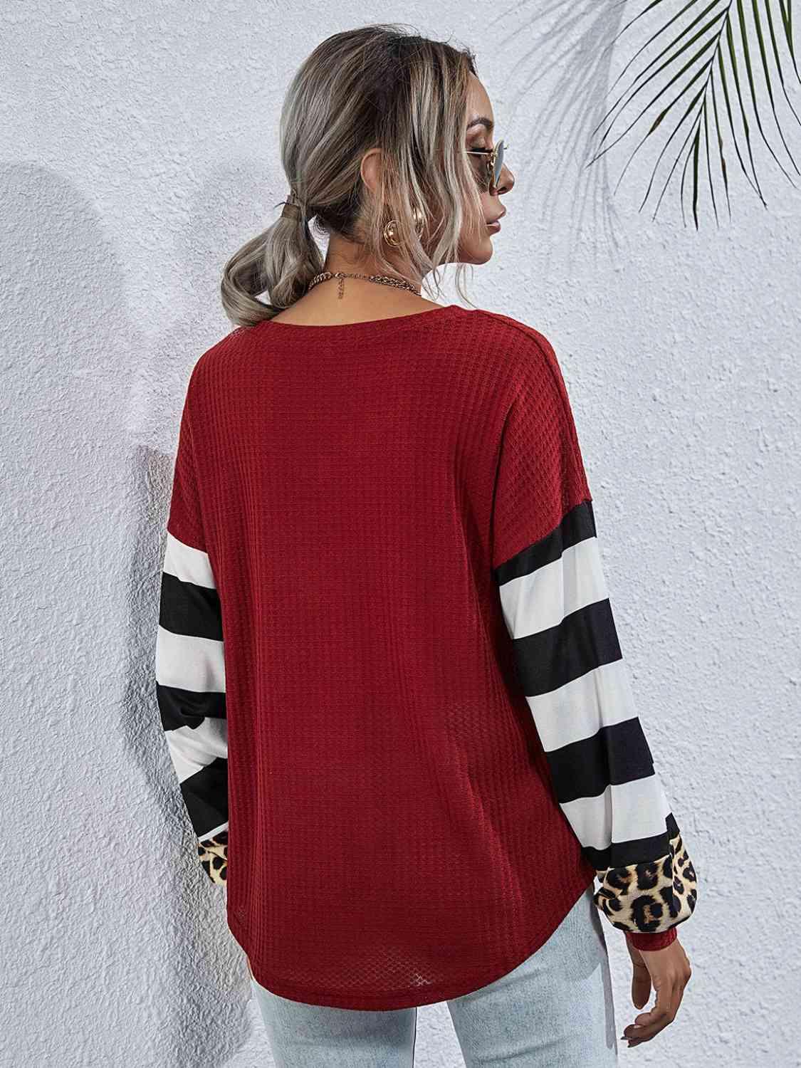 Leopard Striped Waffle Knit Top - Chic Yana's Fashion