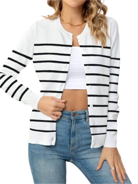 Striped Round Neck Button Up Cardigan - Chic Yana’s Fashion