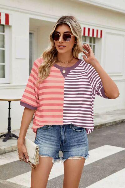 Striped Round Neck Half Sleeve T Shirt - Chic Yana's Fashion