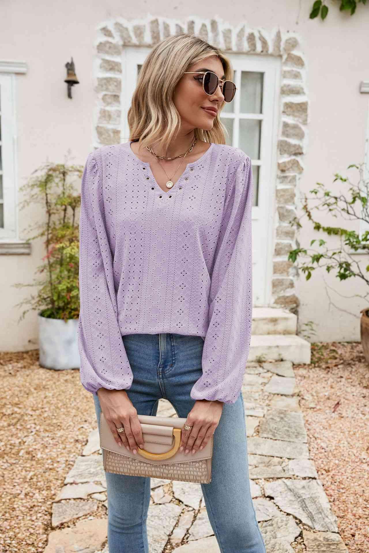 Eyelet Notched Neck Balloon Sleeve Blouse - Chic Yana's Fashion