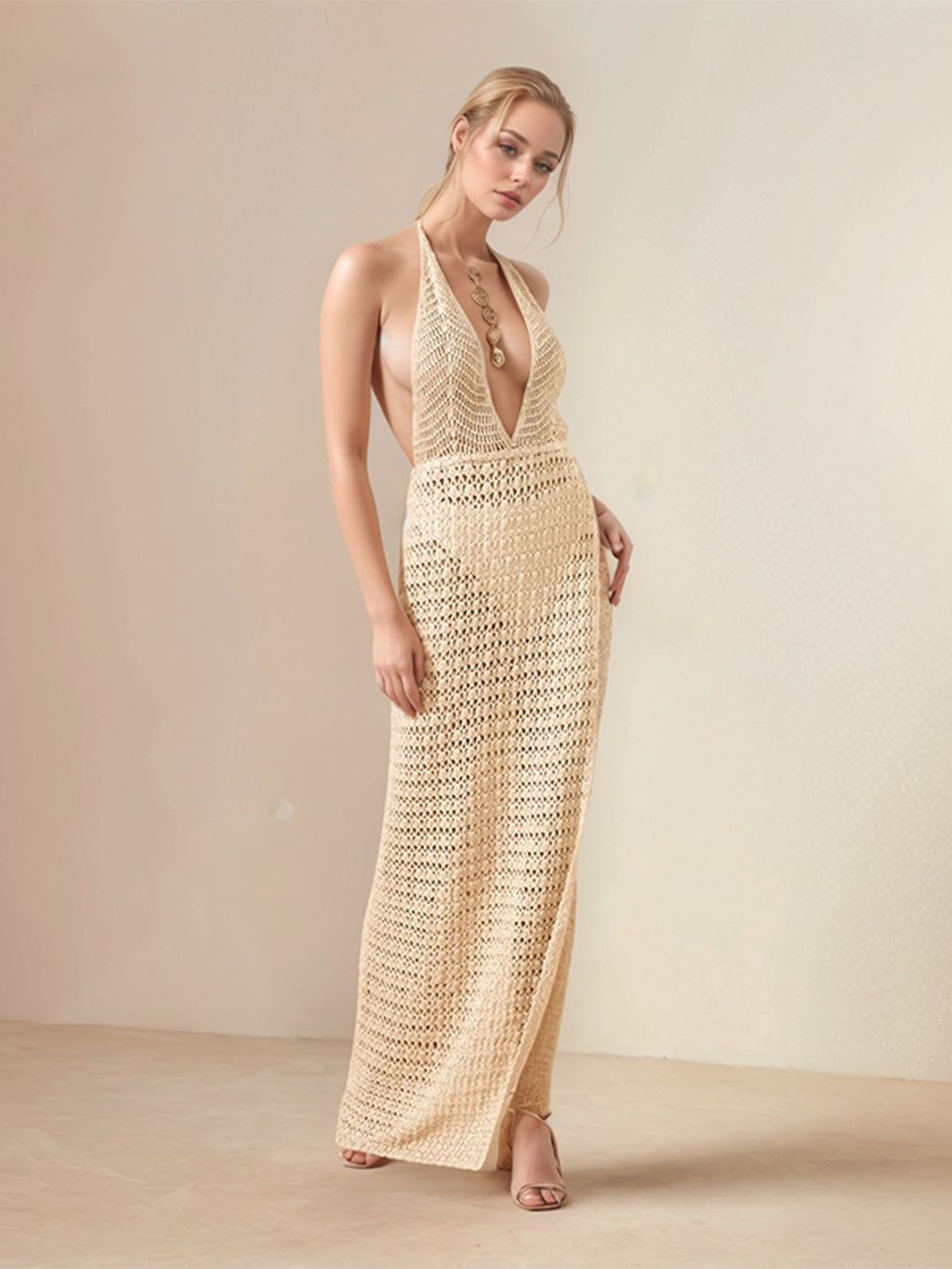 Hollow Out Halter Neck Cover Up Dress - Stylish and Trendy Women's Fashion from Chic Yana's Fashion