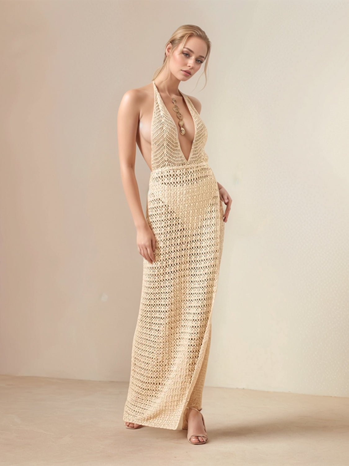 Hollow Out Halter Neck Cover Up Dress - Stylish and Trendy Women's Fashion from Chic Yana's Fashion