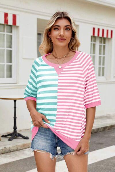 Striped Round Neck Half Sleeve T Shirt 1 - Chic Yana's Fashion