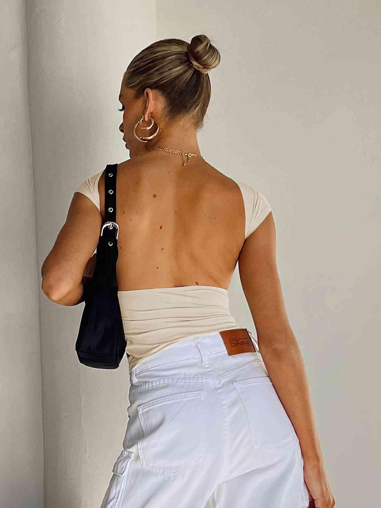 Backless Short Sleeve Cropped Blouse - Chic Yana's Fashion