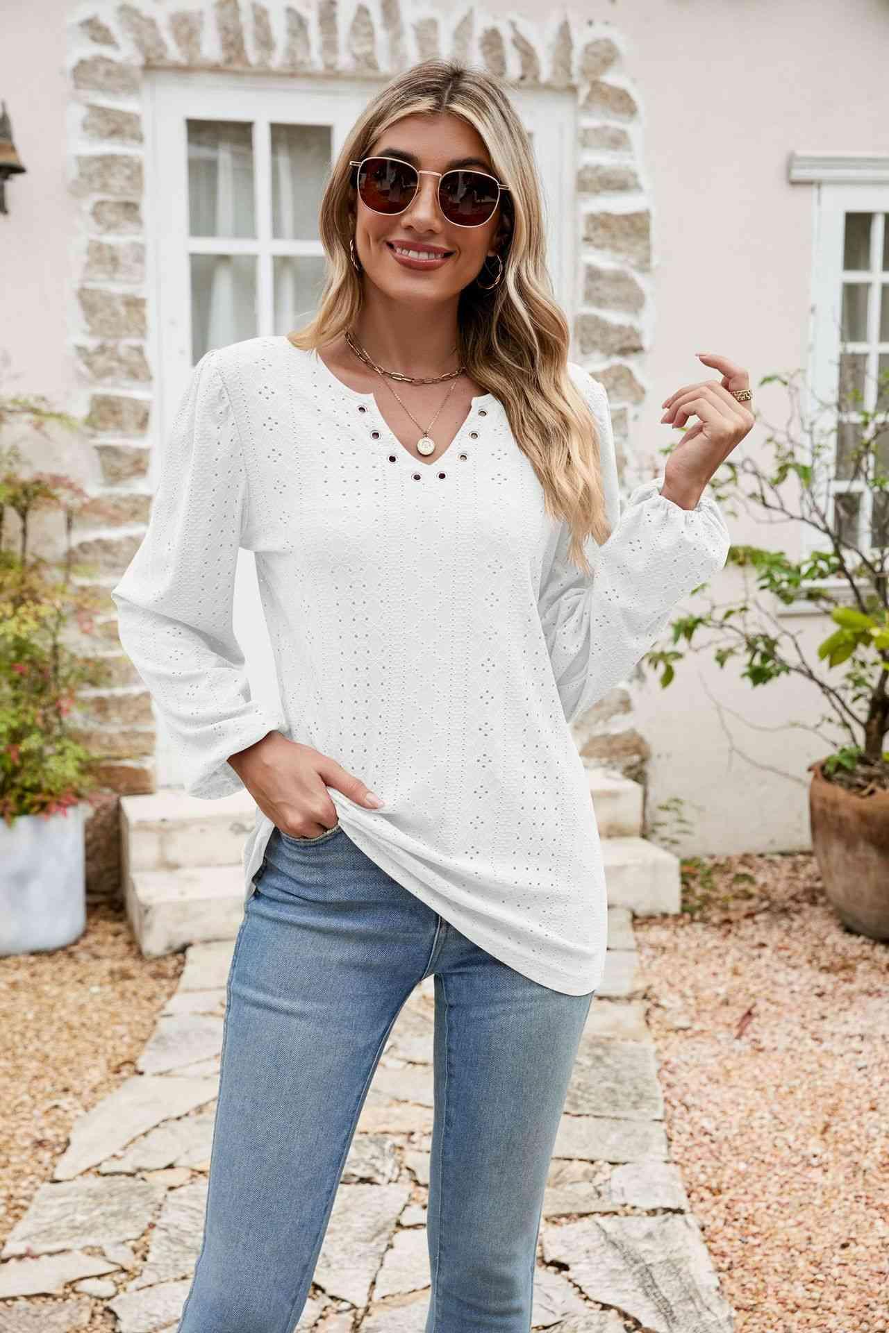 Eyelet Notched Neck Balloon Sleeve Blouse - Chic Yana's Fashion