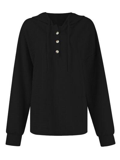 Drawstring Quarter Button Long Sleeve Hoodie - Chic Yana's Fashion