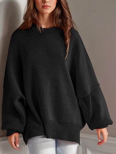 Double Take Side Slit Round Neck Long Sleeve Sweater - Chic Yana's Fashion