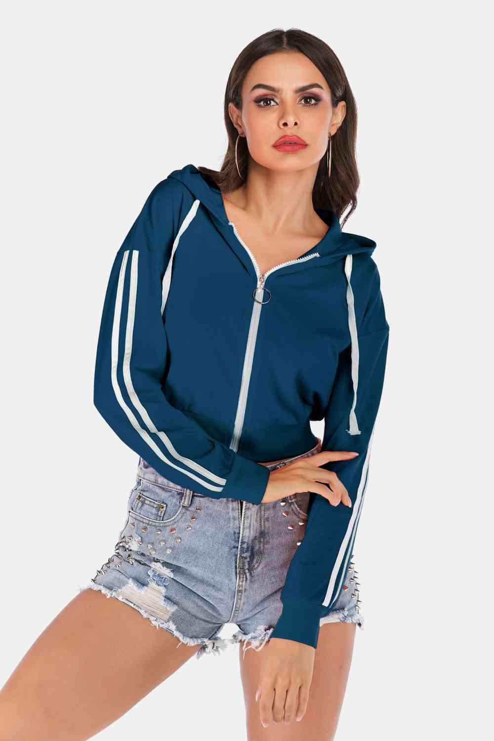 Perfee Side Stripe Drawstring Cropped Hooded Jacket - Chic Yana's Fashion