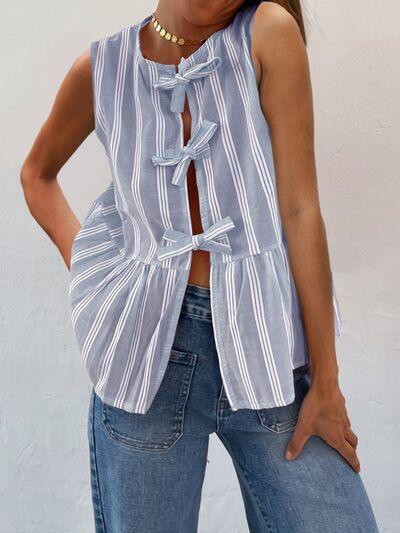 Tied Striped Round Neck Tank - Chic Yana's Fashion