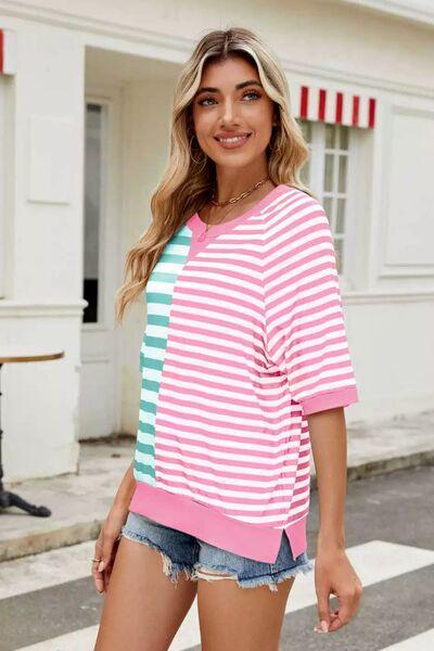 Striped Round Neck Half Sleeve T Shirt 1 - Chic Yana's Fashion