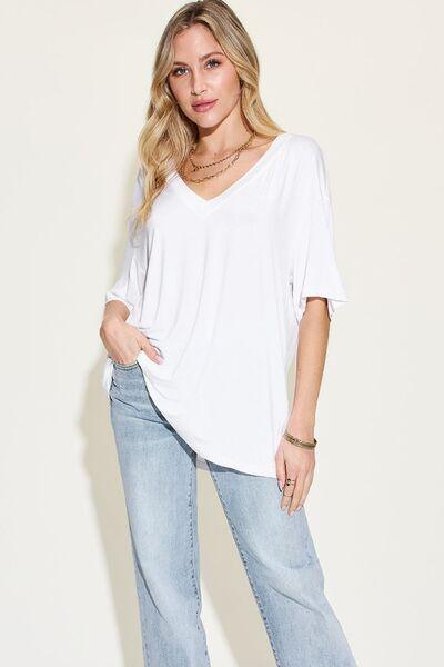 Basic Bae Full Size Bamboo V Neck Drop Shoulder T Shirt - Chic Yana's Fashion