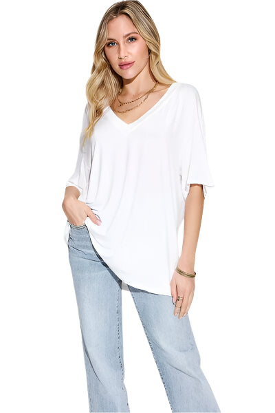 Basic Bae Full Size Bamboo V Neck Drop Shoulder T Shirt - Chic Yana's Fashion
