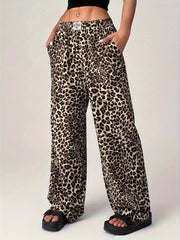 Close-up of Leopard Wide Leg Pants with Pockets, showcasing high-quality fabric and design.