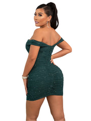 Glitter Ruched Off-Shoulder Bodycon Dress - Chic Yana's Fashion