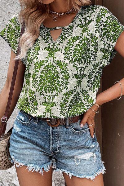 Cutout Printed Short Sleeve Blouse - Chic Yana's Fashion