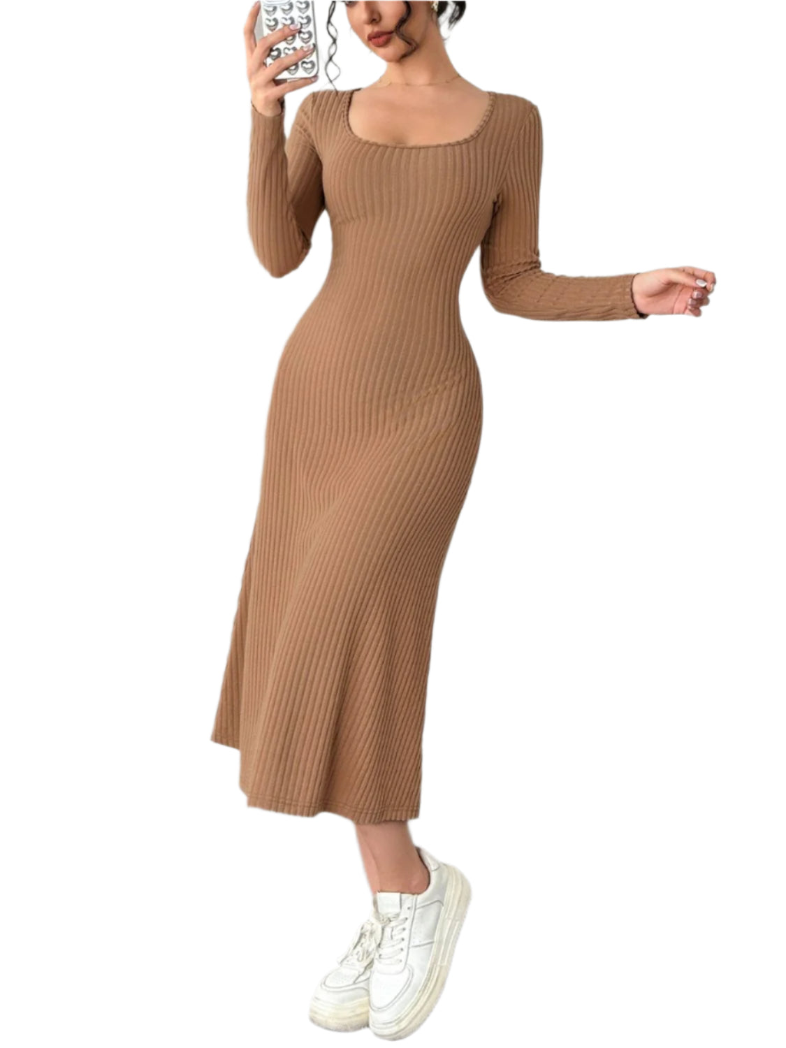 Square Neck Long Sleeve Midi Wrap Dress - High-Quality Fashion | Chic Yana