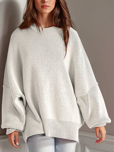 Double Take Side Slit Round Neck Long Sleeve Sweater - Chic Yana's Fashion