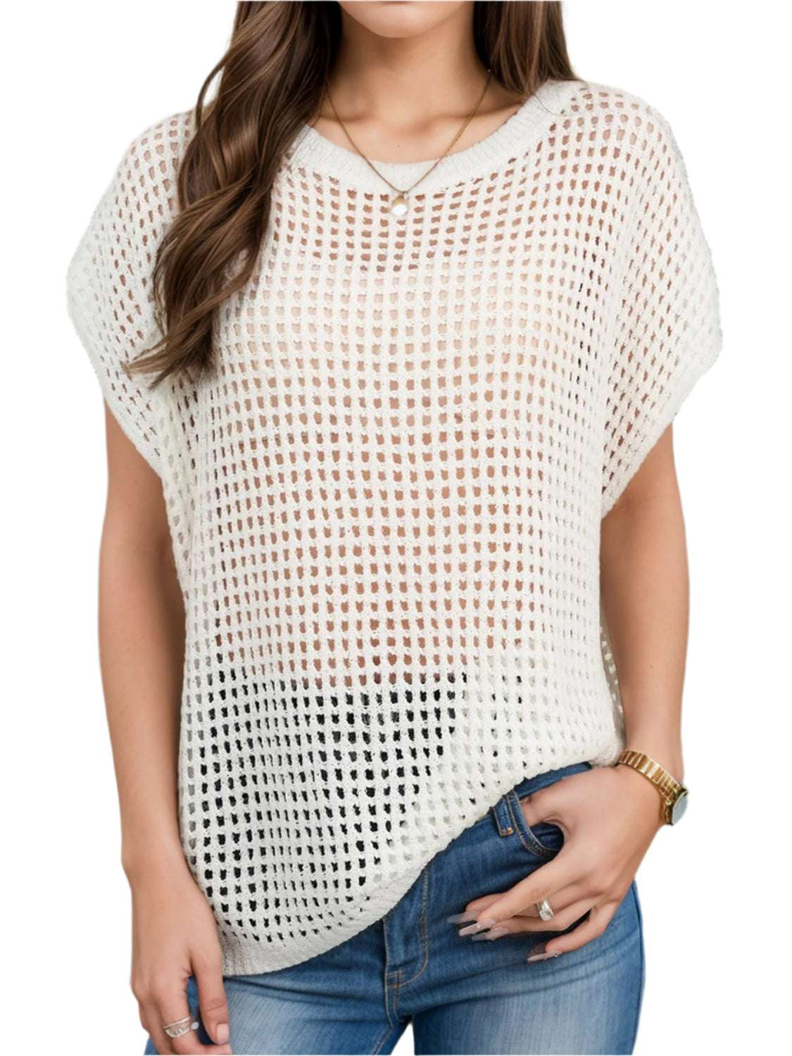 Openwork Round Neck Short Sleeve Cover Up - Stylish and Trendy Women's Fashion from Chic Yana's Fashion