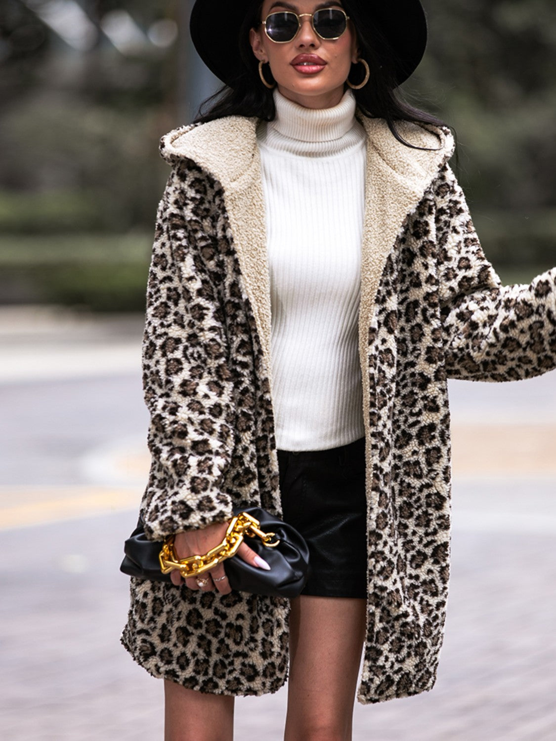 Shiny Leopard Hooded Coat with Pockets - Chic Yana’s Fashion