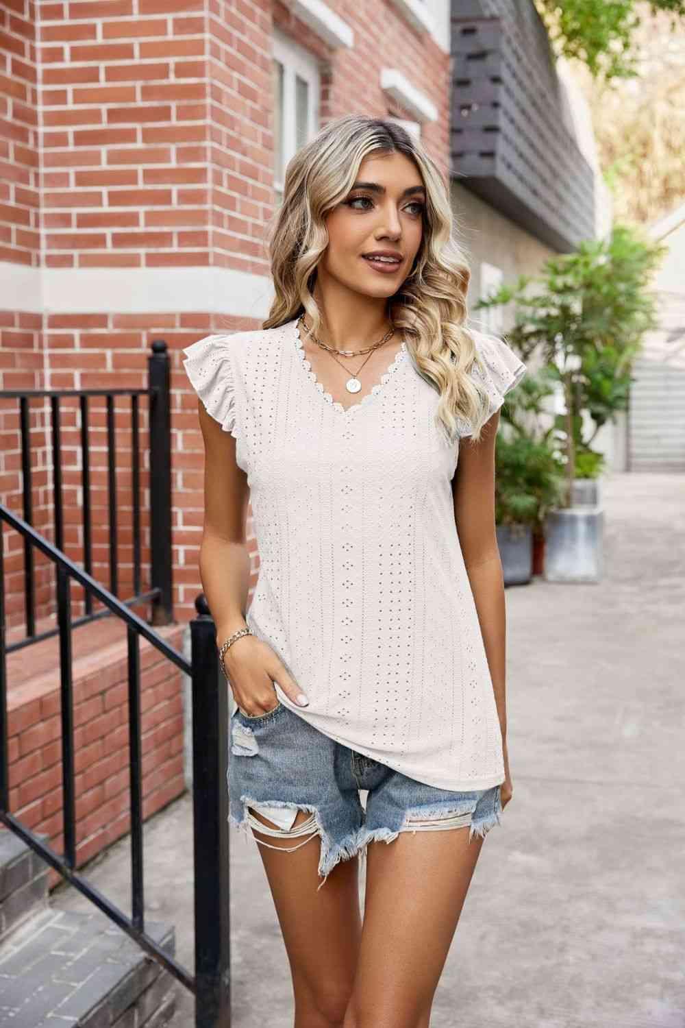 Eyelet Flutter Sleeve Scalloped V Neck Top - Chic Yana's Fashion