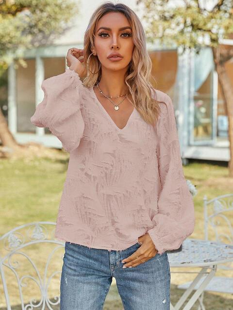 V Neck Long Sleeve Blouse - Chic Yana's Fashion